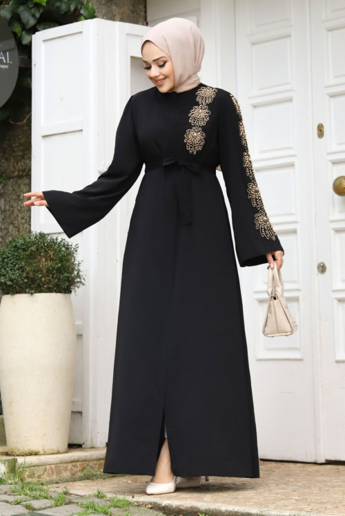 arm Boncuk Inlaid Belted Hijab Abayas TSD240203 Black