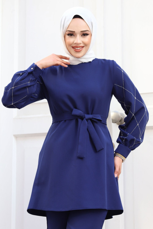 arm Stone Detailed Belted Binary Crepe Suit TSD240315