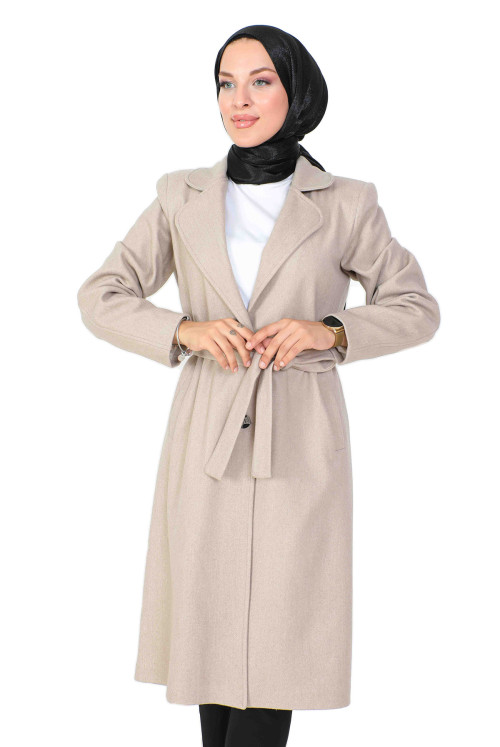 Double Breasted Collar waisted Belted Stamping fabric Coat TSD230806 Beige