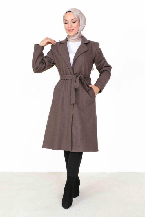 Double Breasted Collar waisted Belted Stamping fabric Coat TSD230806 Brown