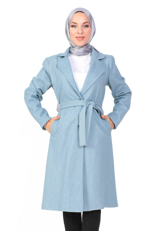 Double Breasted Collar waisted Belted Stamping fabric Coat TSD230806 Blue