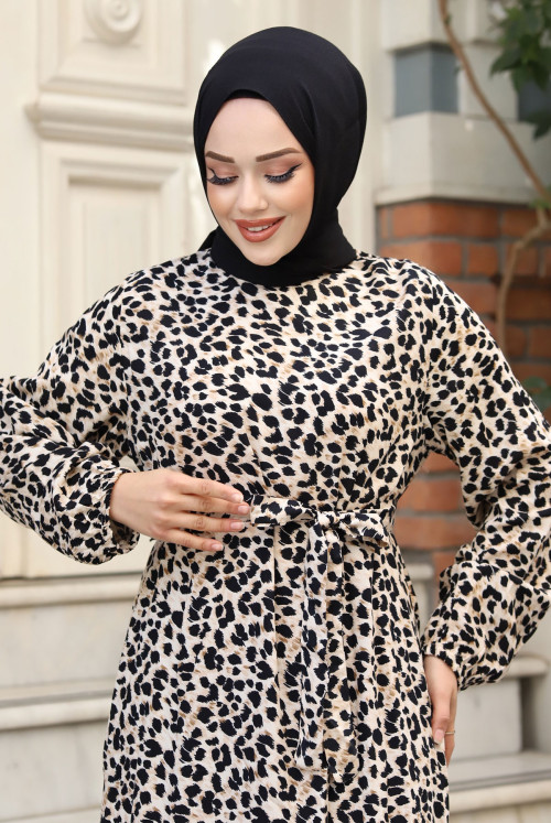Leopard Patterned arm Elastic Hijab Dress TSD240325