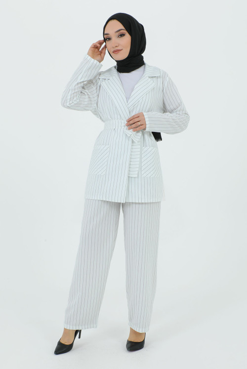 Maral Double Breasted Collar Belted jacketed Suit TSD231211 White