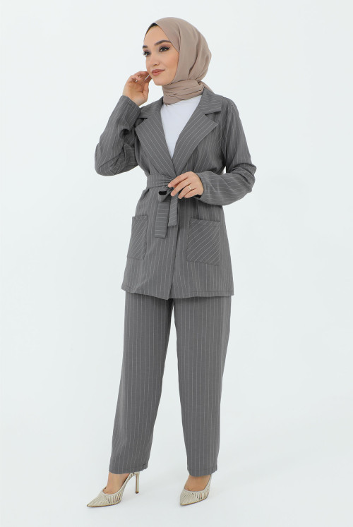 Maral Double Breasted Collar Belted jacketed Suit TSD231211 Grey