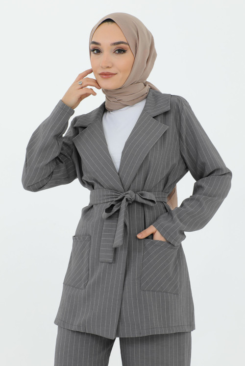 Maral Double Breasted Collar Belted jacketed Suit TSD231211 Grey