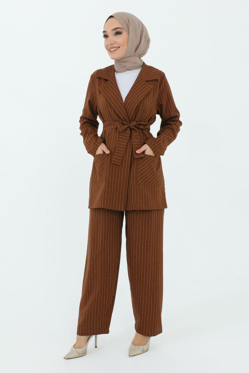 Maral Double Breasted Collar Belted jacketed Suit TSD231211 Brown