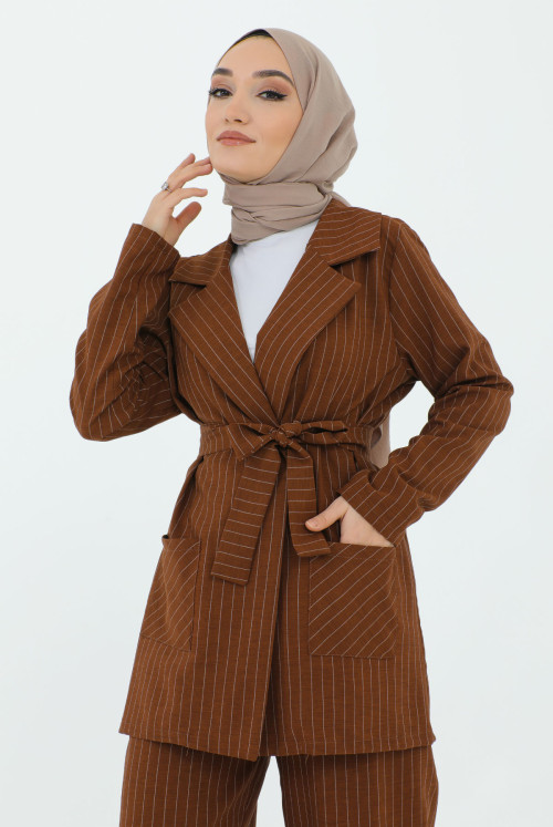 Maral Double Breasted Collar Belted jacketed Suit TSD231211 Brown