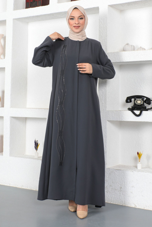 Its Dalgalı Pul Inlaid Hijab Abayas TSD230423 Grey