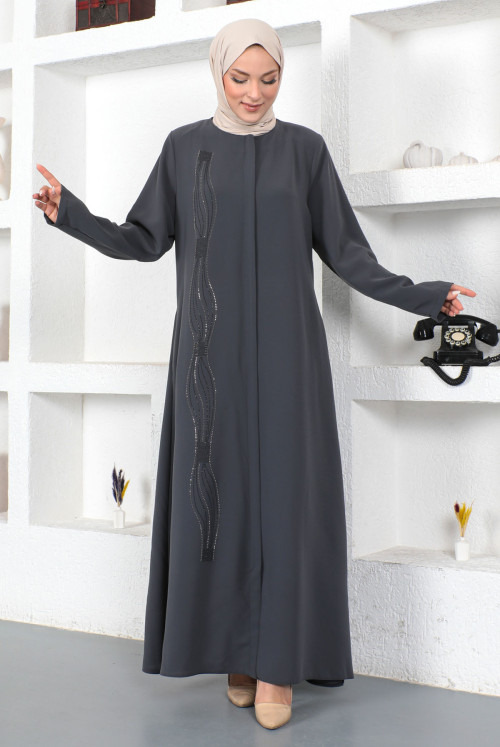 Its Dalgalı Pul Inlaid Hijab Abayas TSD230423 Grey