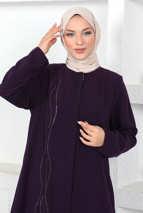 Its Dalgalı Pul Inlaid Hijab Abayas TSD230423 Damson