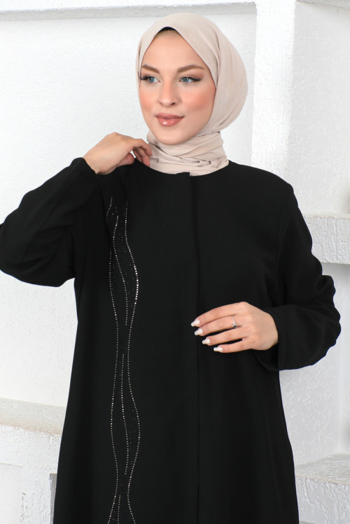 Its Dalgalı Pul Inlaid Hijab Abayas TSD230423 Black