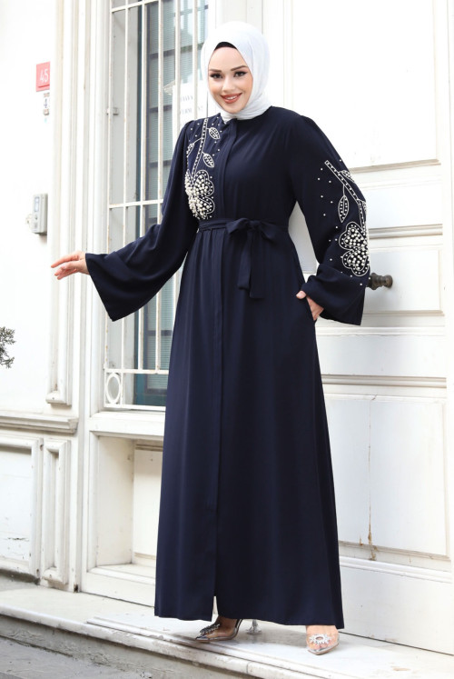 Daisy Patterned Boncuk Inlaid Hijab Abayas TSD240314