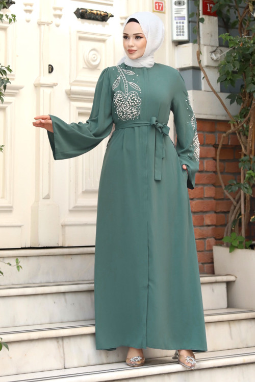 Daisy Patterned Boncuk Inlaid Hijab Abayas TSD240314