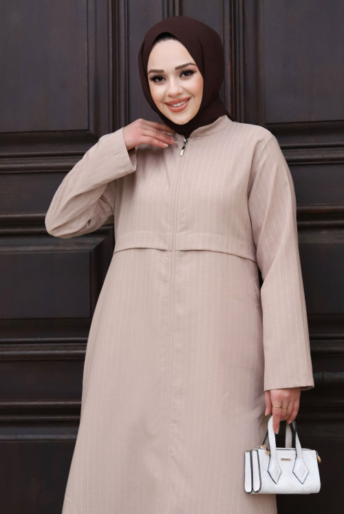 Pat Detailed from end Zipped Abayas TSD240212 Beige