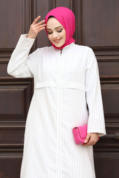 Pat Detailed from end Zipped Abayas TSD240212 White