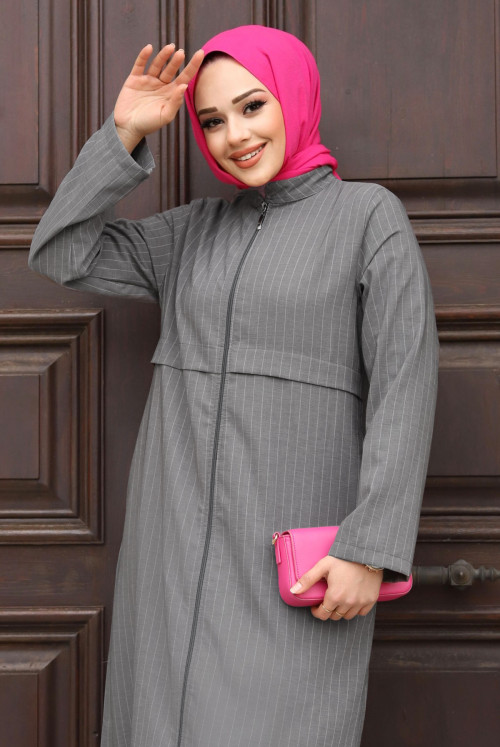 Pat Detailed from end Zipped Abayas TSD240212 Grey