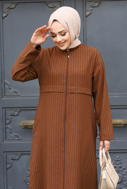 Pat Detailed from end Zipped Abayas TSD240212 Brown