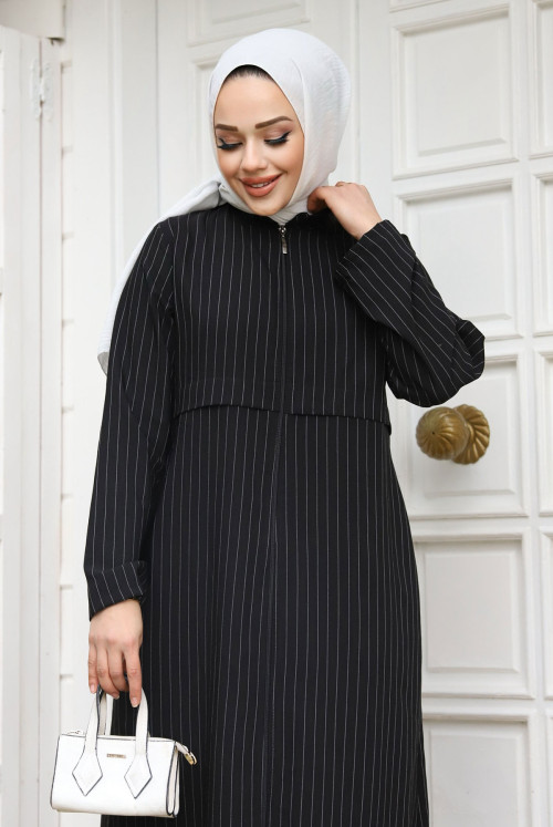Pat Detailed from end Zipped Abayas TSD240212 Black
