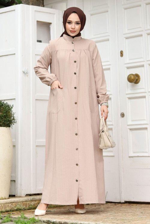 Robalı from end Button Pockets Abayas TSD240227 Beige