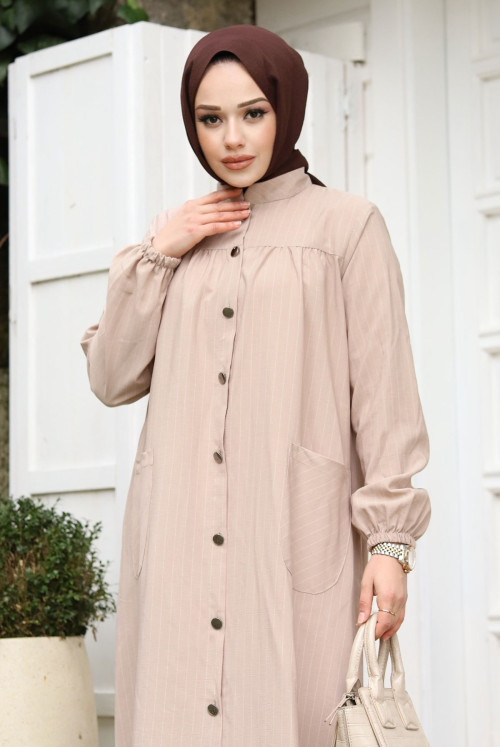 Robalı from end Button Pockets Abayas TSD240227 Beige