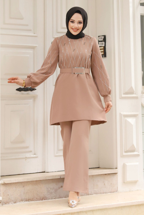 Stone Detailed Arched Binary Crepe Suit TSD240304