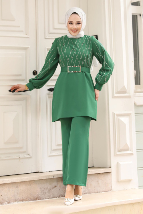Stone Detailed Arched Binary Crepe Suit TSD240304