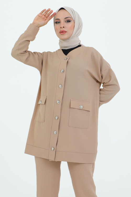 V Collar from end Button Pockets Binary Suit TSD231218 Beige