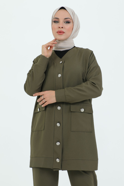 V Collar from end Button Pockets Binary Suit TSD231218 Khaki