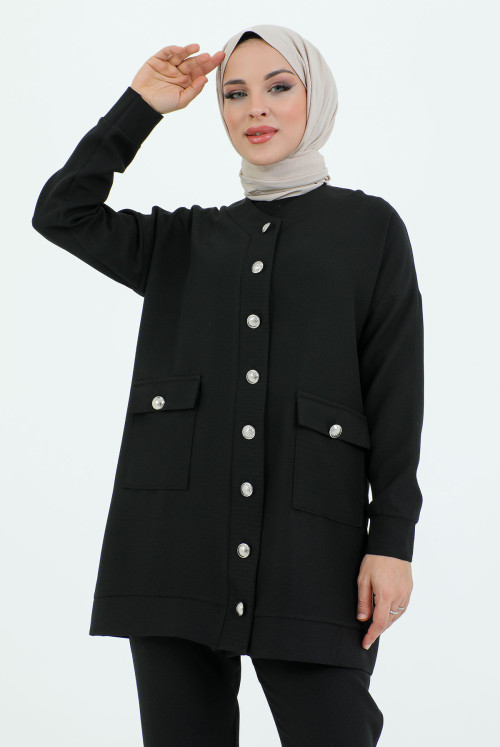 V Collar from end Button Pockets Binary Suit TSD231218 Black