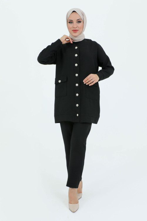 V Collar from end Button Pockets Binary Suit TSD231218 Black