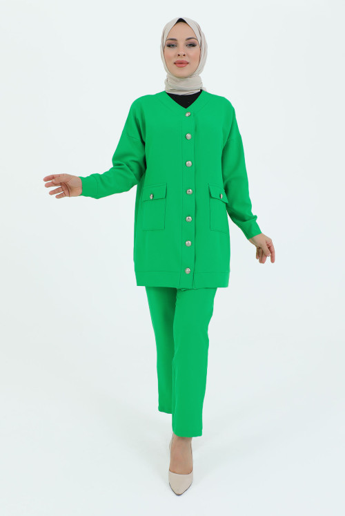 V Collar from end Button Pockets Binary Suit TSD231218 Green
