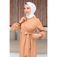 Yandan Bağlama Detailed Hijab Dress TSD240253 Taba