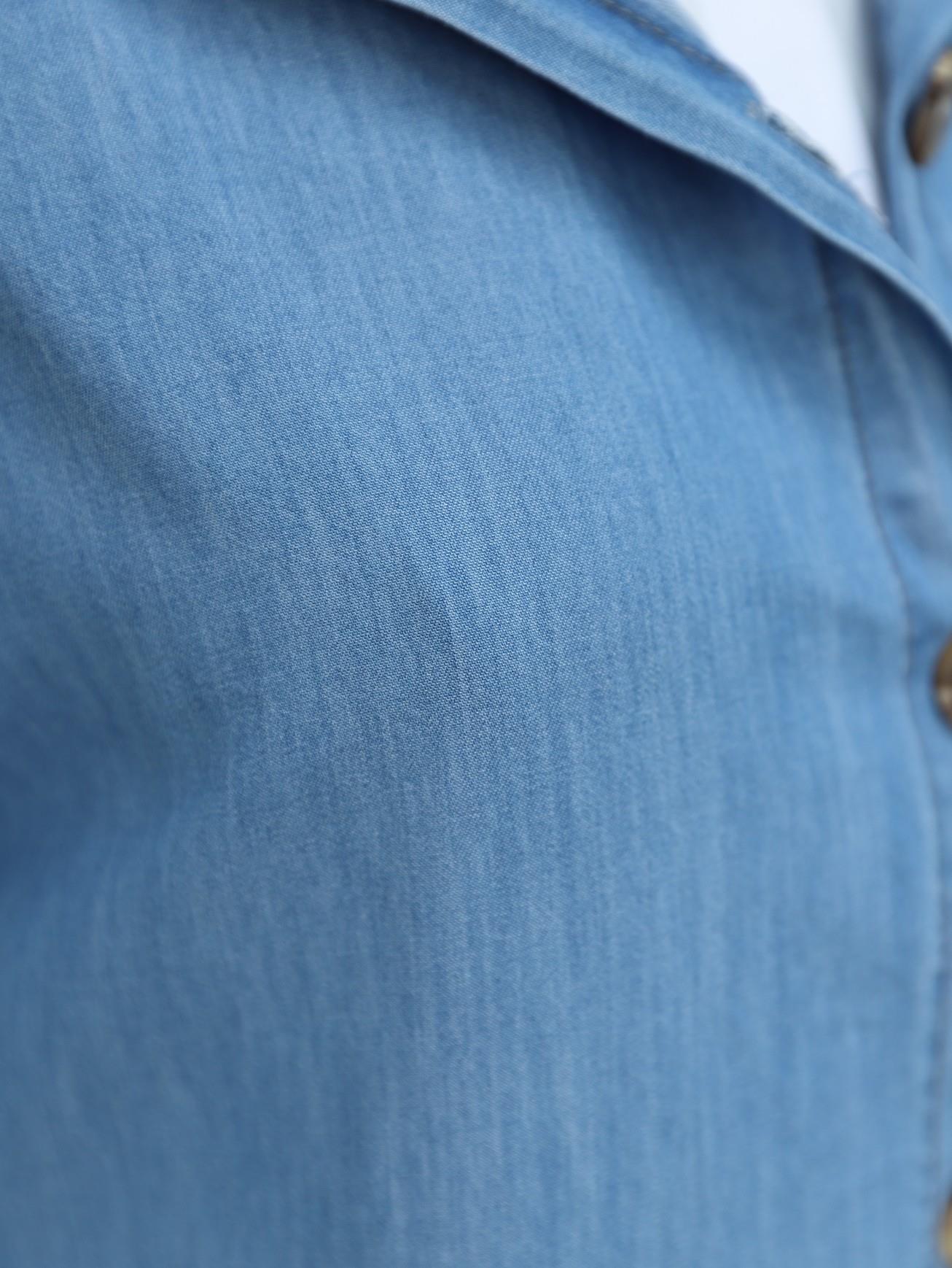 Boydan Düğmeli Kapşonlu Uzun Kot Kap -Açık Mavi