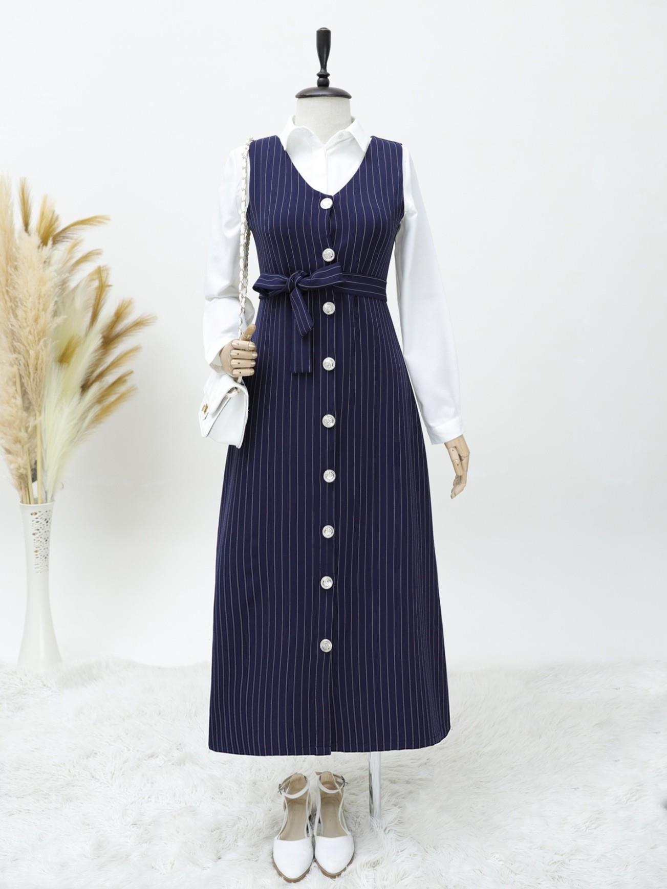 from end Button Belted Striped Gilet -Laci