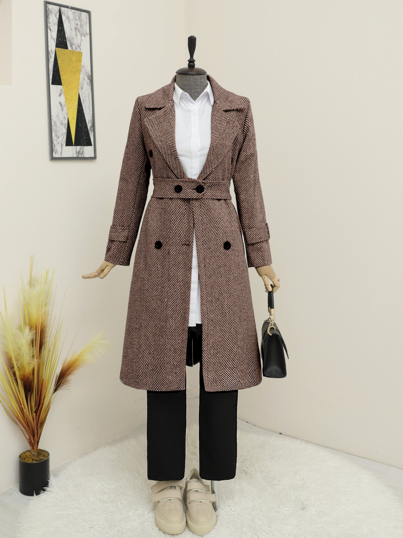 Arched Lined Bolero Detailed Coat  -Light Brown