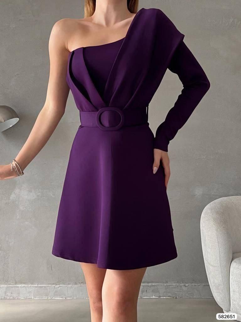 Arched Scarf Omuzlu One Pcs Arm Dress -Purple