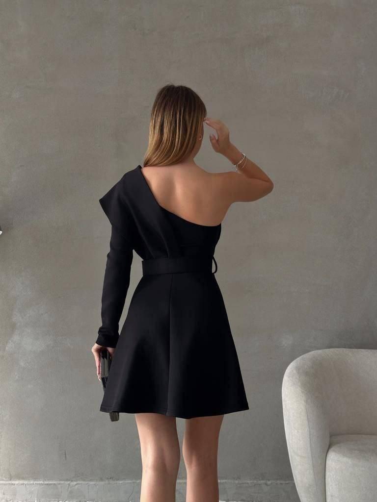 Arched Scarf Omuzlu One Pcs Arm Dress -Black