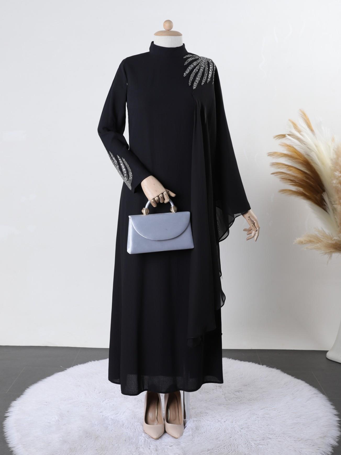 Shoulder and arm stony Şifon Detailed Crepe Dress -Black