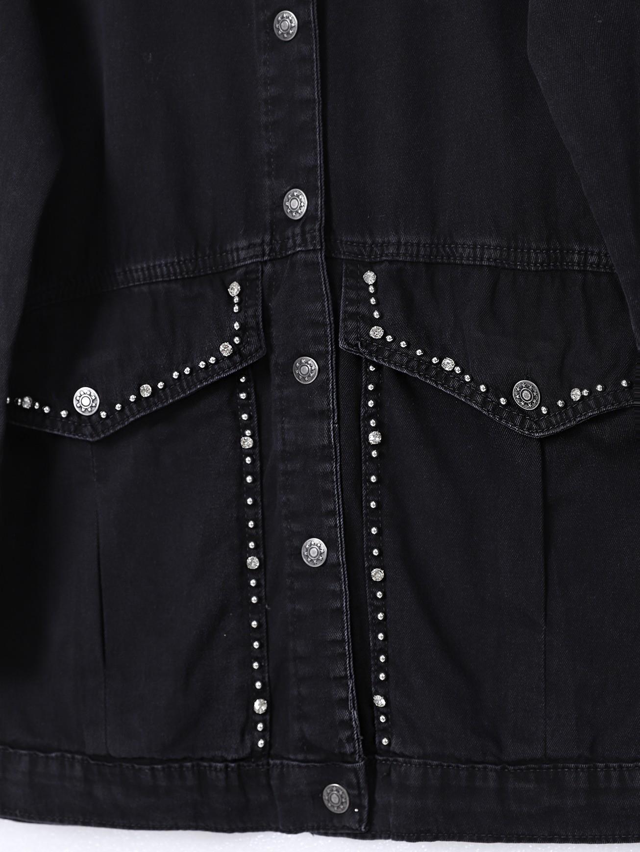 Collar Ve Ceplerinde Stone İşlemel Jeans Jacket -Black