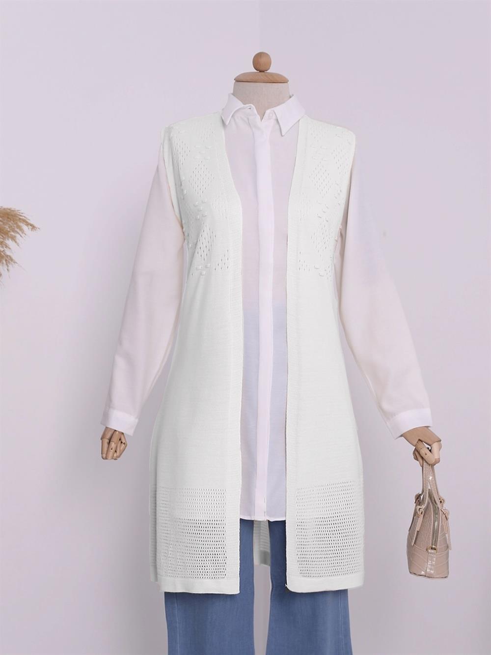 Ajurlu Ponponlu Araboy Knitwear Vest -Ekru