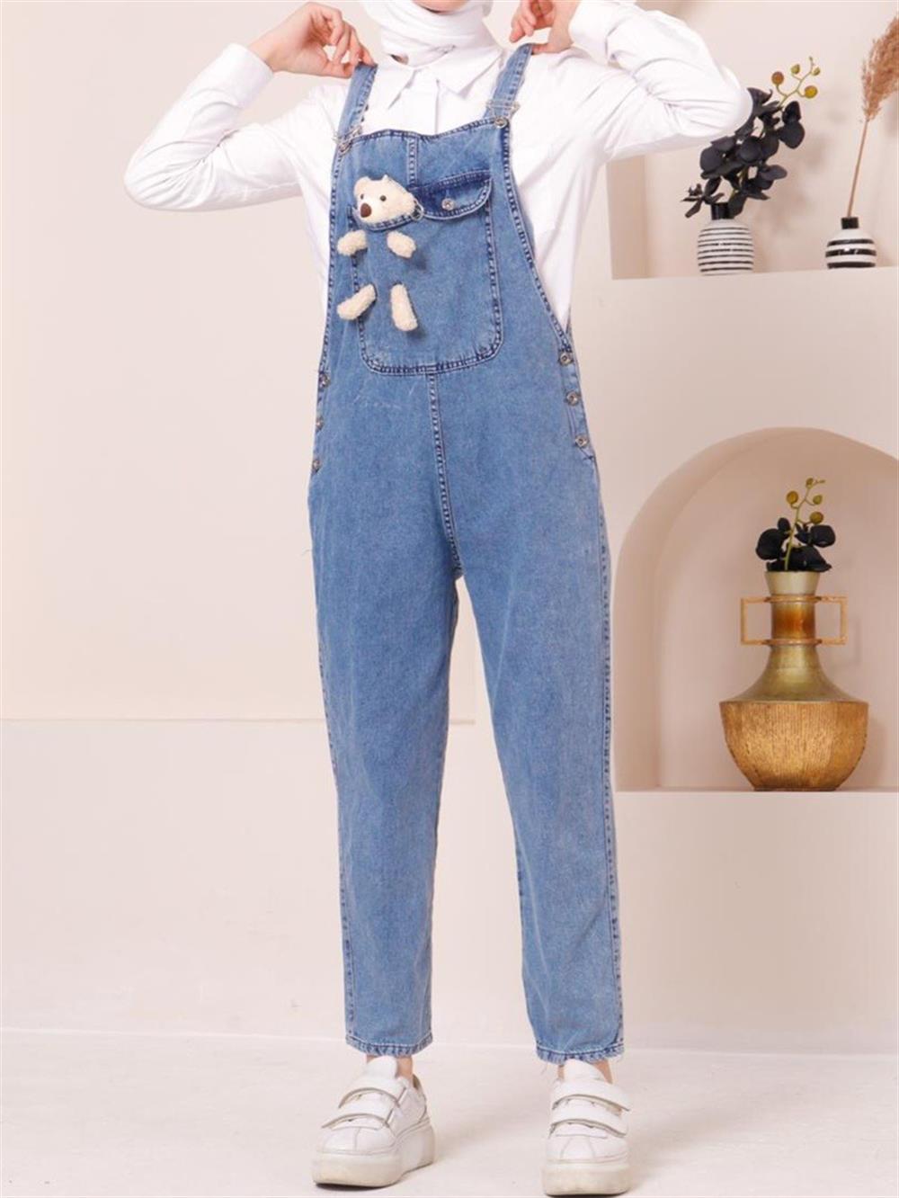Ayıcık Detailed Hanging sides Button Jeans Overalls   -K. Blue