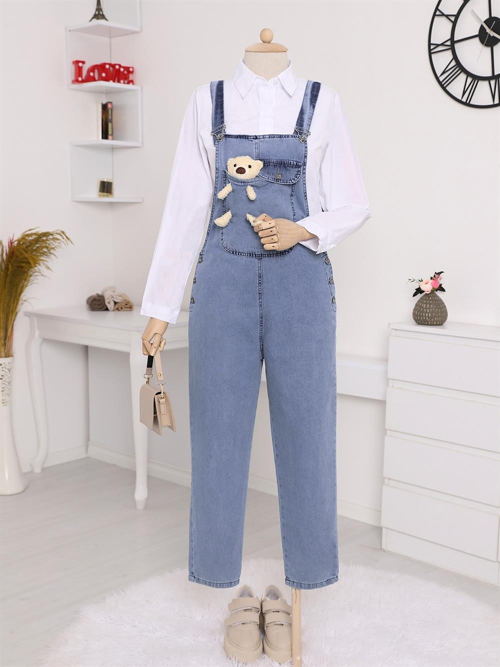 Ayıcık Detailed Hanging sides Button Jeans Overalls  -Buz Blue