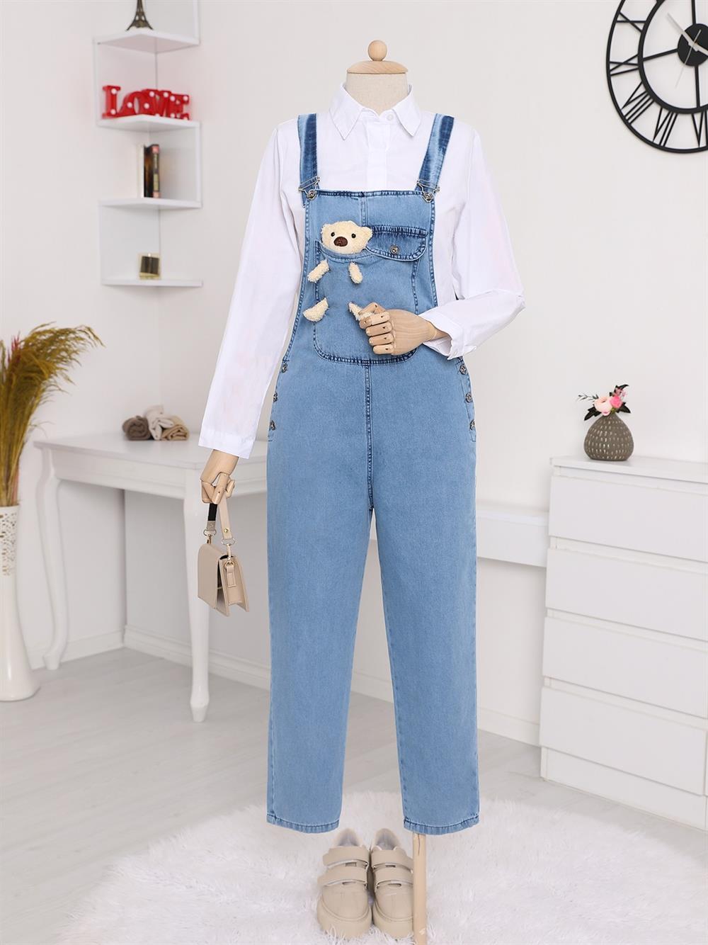 Ayıcık Detailed Hanging sides Button Jeans Overalls -Blue