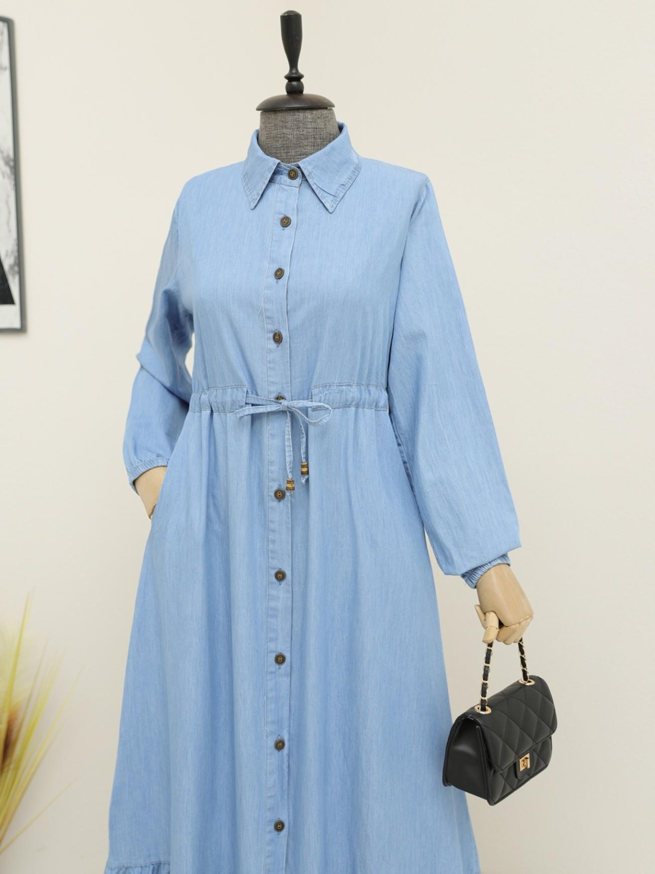 Double Pockets from end Button Jeans Dress -Blue