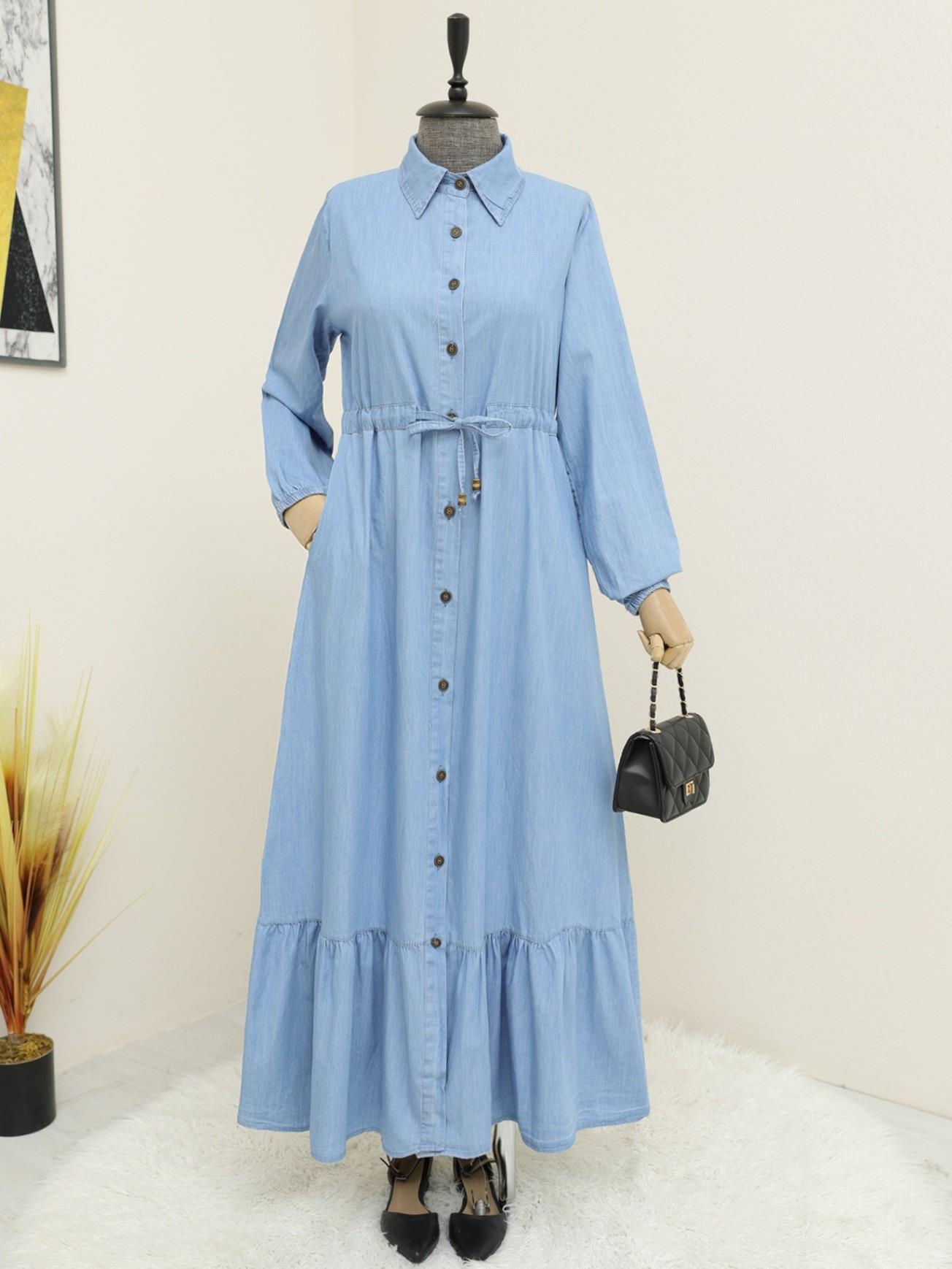Double Pockets from end Button Jeans Dress -Blue