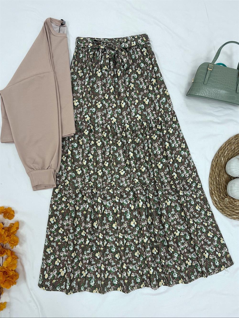 Çıtır Çiçek Desen Arched pieced Linen Skirt   -Brown