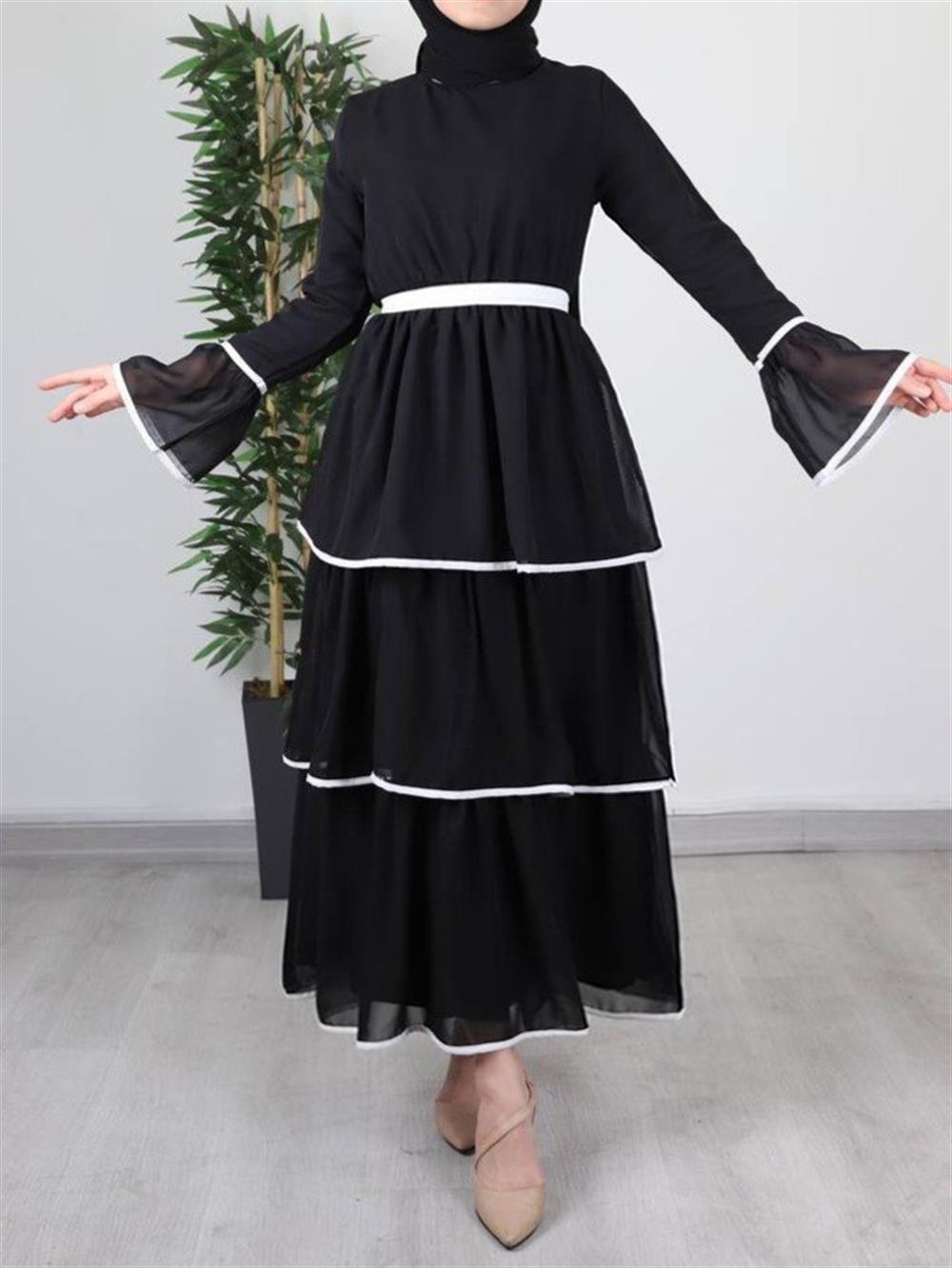 skirt Katlı waisted Laced Şifon Dress -Black