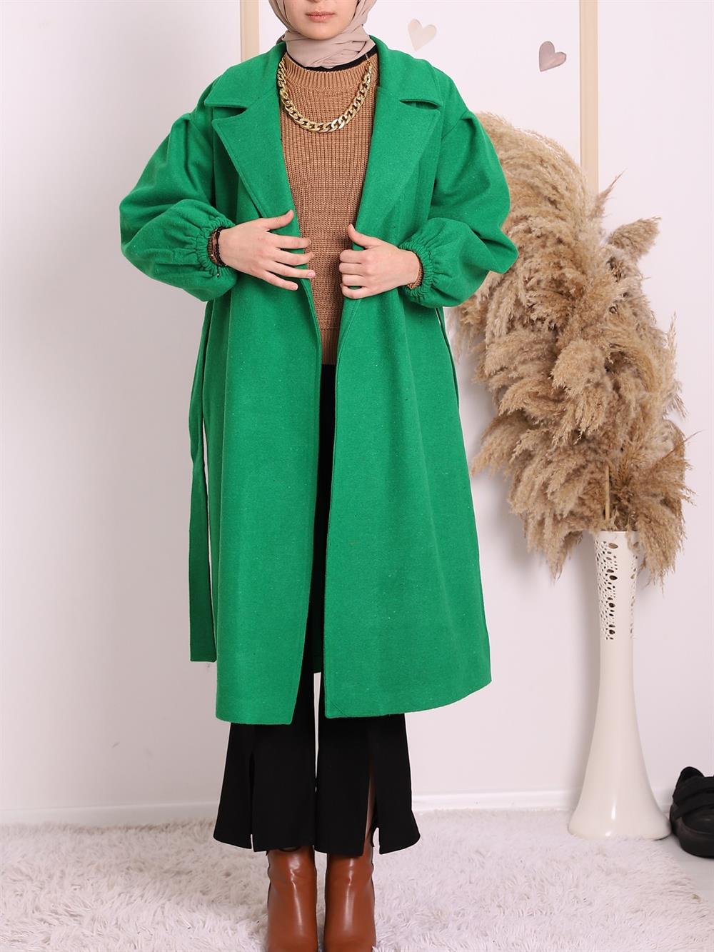 arm Elastic Laced Winter Hijab Stamping fabric Coat -Green