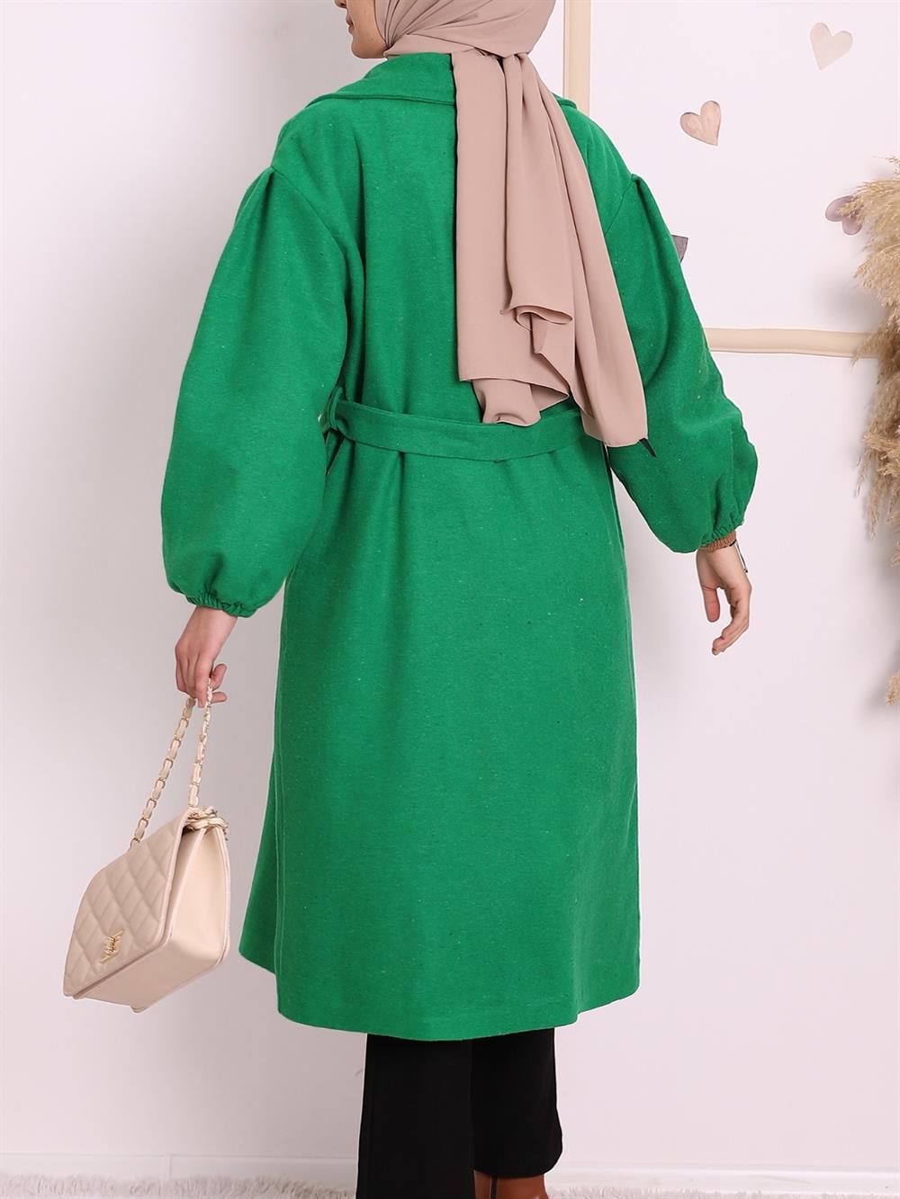 arm Elastic Laced Winter Hijab Stamping fabric Coat -Green