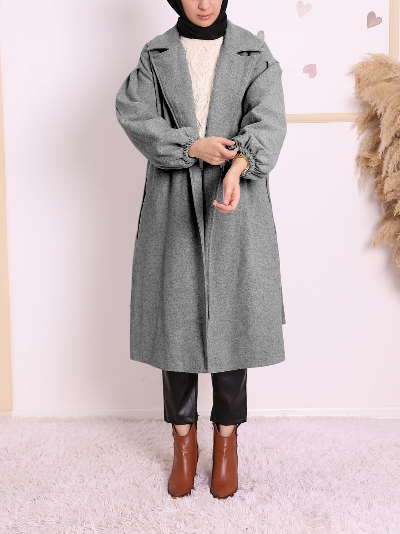 arm Elastic Laced Winter Hijab Stamping fabric Coat  -Grey